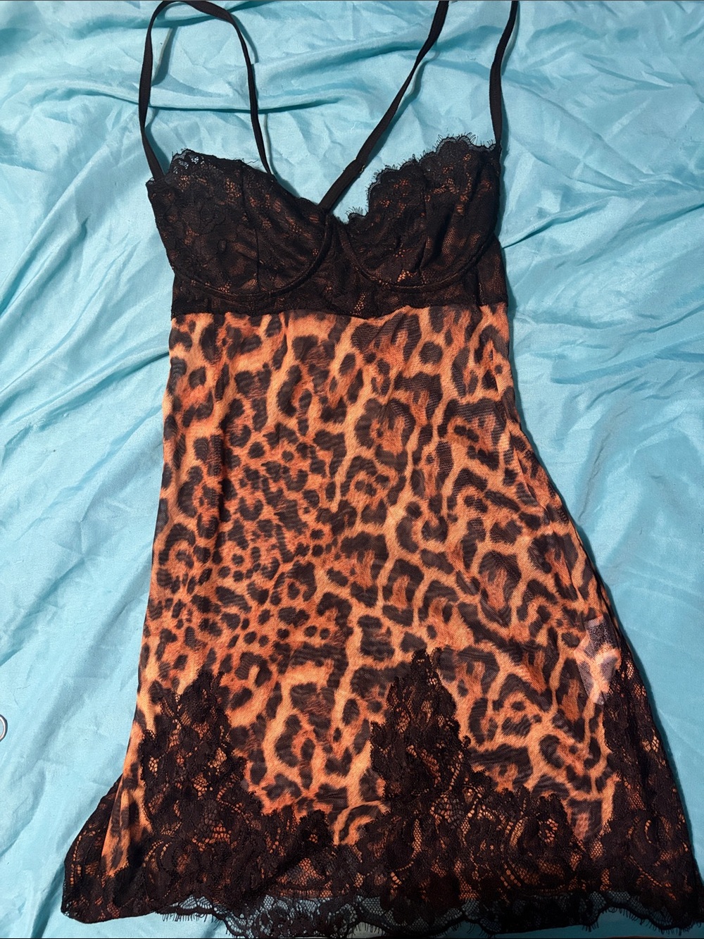 SHEIN Black Lace Leopard-Print Chemise in Brown and Black